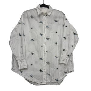 MNG Mango White Floral Embroidered Button Down Shirt Oversized Fit 100% Cotton L
